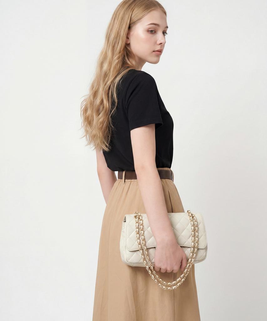 Studio Saera Classic Cowhide Quilted Chain 2-Way Shoulder Bag H13H363 Ivory
