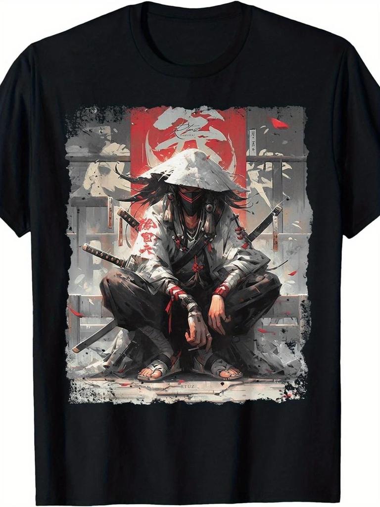 Samurai Katana Ninja Anime Grafik T-Shirt Japanischer Streetwear Stil Tee