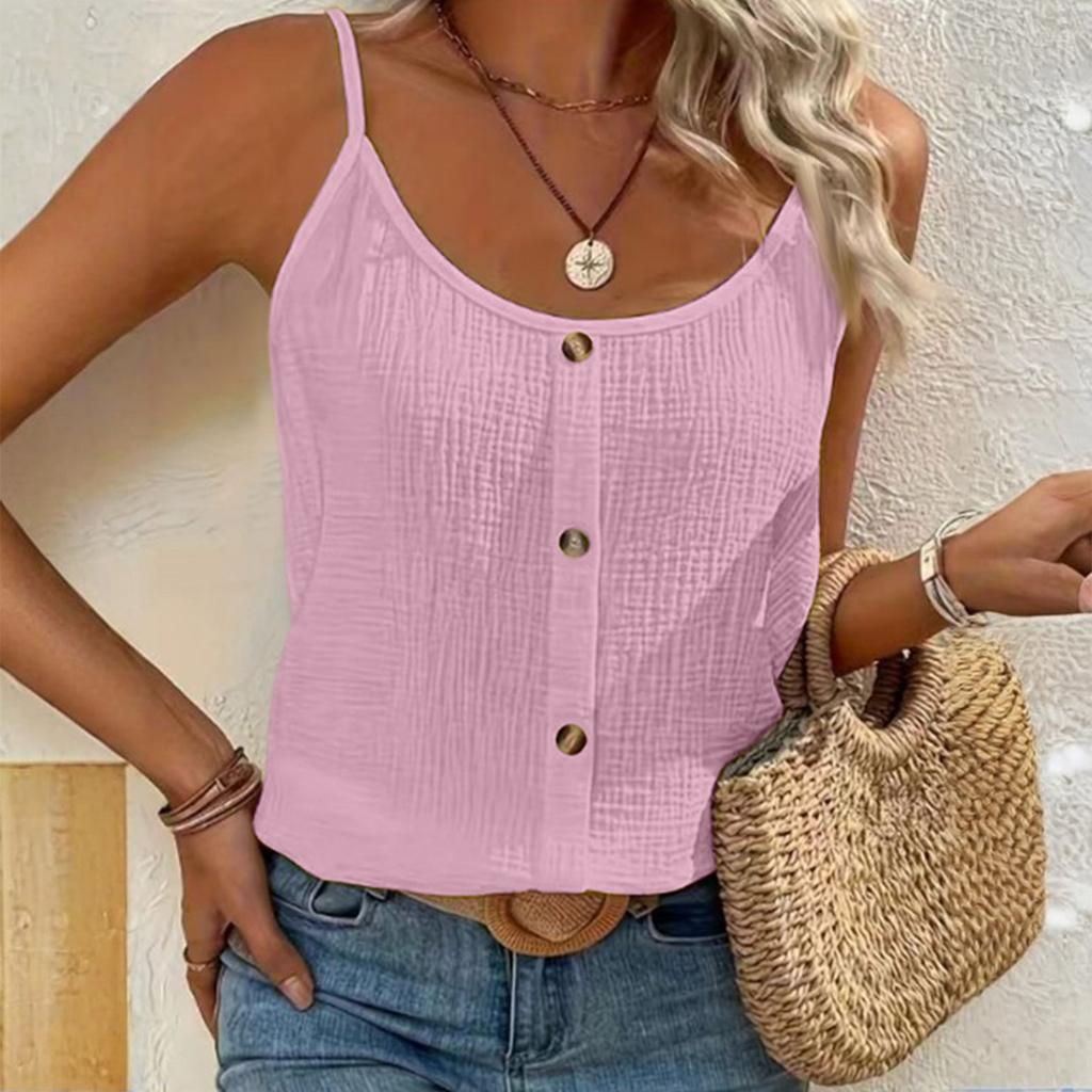 Women Sleeveless Round Neck Button Decor Casual Tank Top Lightweight Relaxed Fit Vest Blouse for Daily Wear
