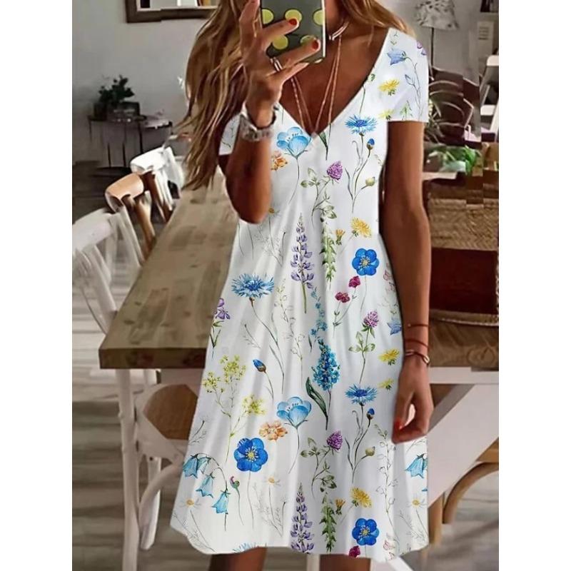 QICED Moda Yaz Bahar Kısa Kollu V Yaka Günlük Elbiseler