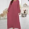 Women's Elegant Black Ice Silk Long Sleeve Pleated Dress