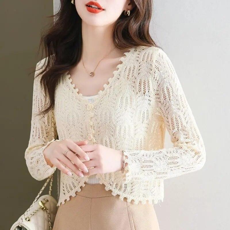 

Вязаный свитер, короткий, маленький, тонкий, солнцезащитная куртка, верхняя женская одежда, кардиган, шаль, с длинными рукавами, верх с вырезом. One Size бежевый