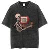 Y2K Casual Street Style Couple T-shirt Skull Print To Make Old Imitation Denim Short-Sleeved Round Neck Single