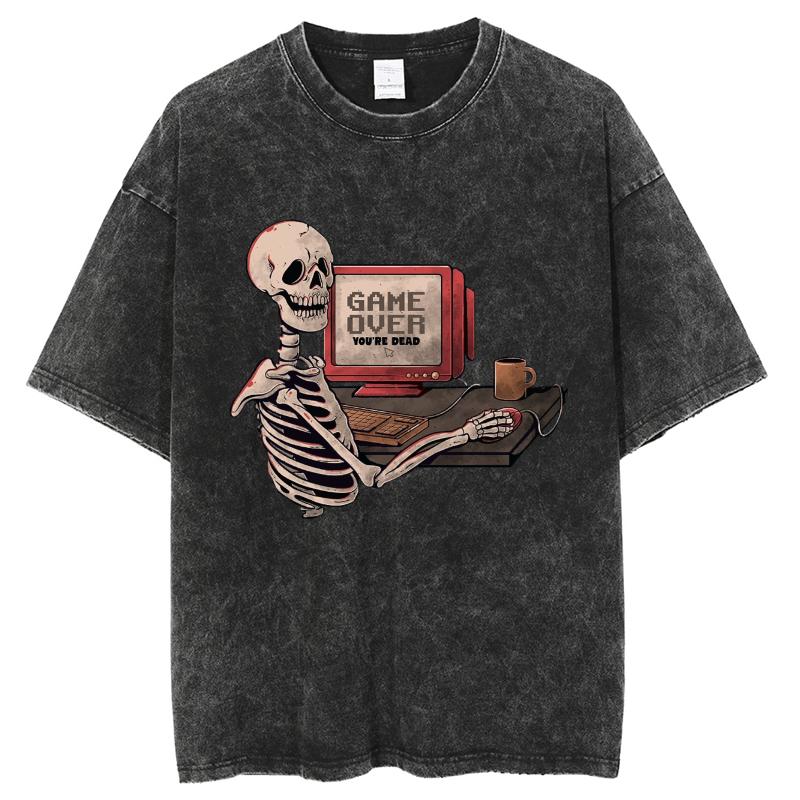 Y2K Casual Street Style Couple T-shirt Skull Print To Make Old Imitation Denim Short-Sleeved Round Neck Single