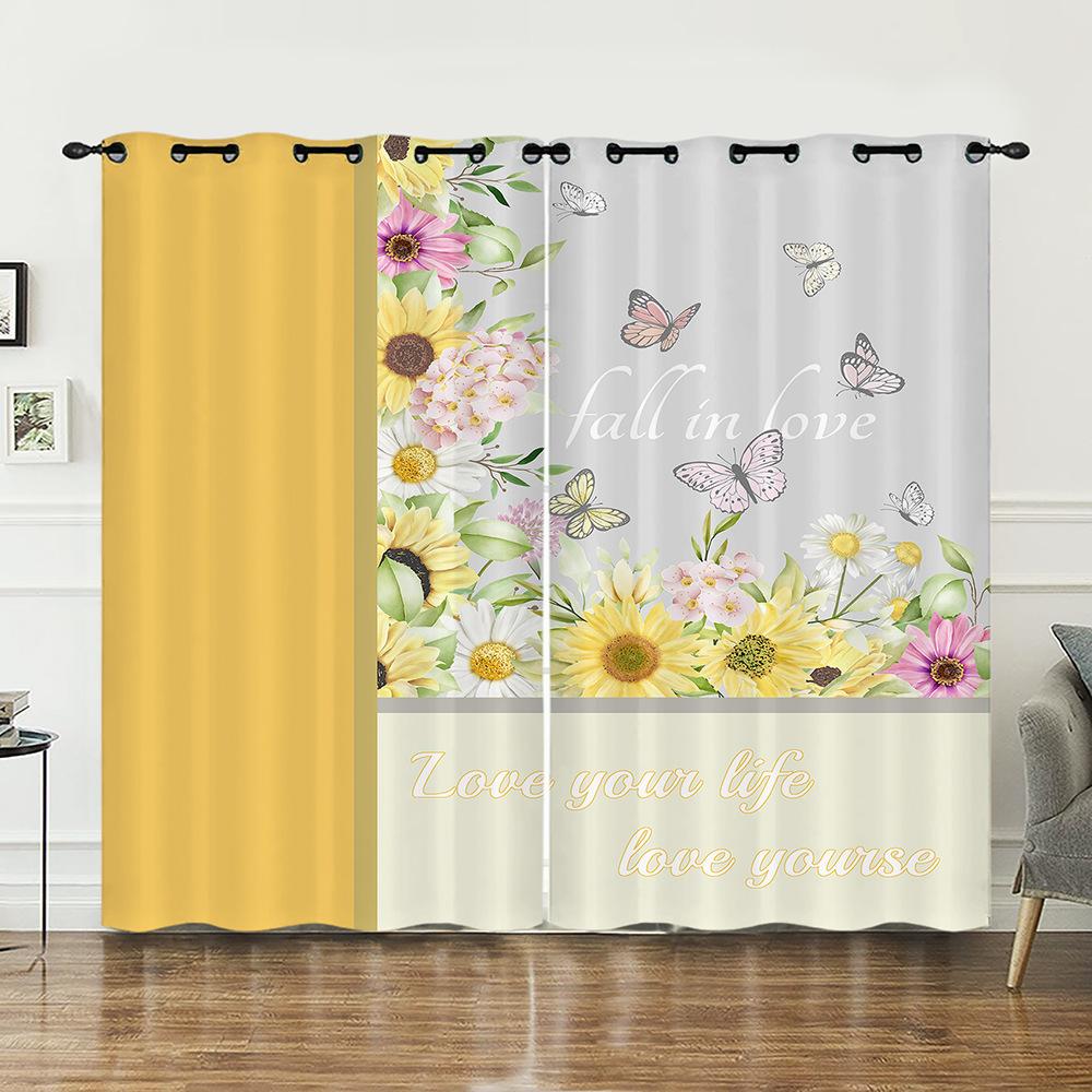 Curtains Sunflower Plant Bedroom Curtains Digital Printing Blackout Curtains No Punching