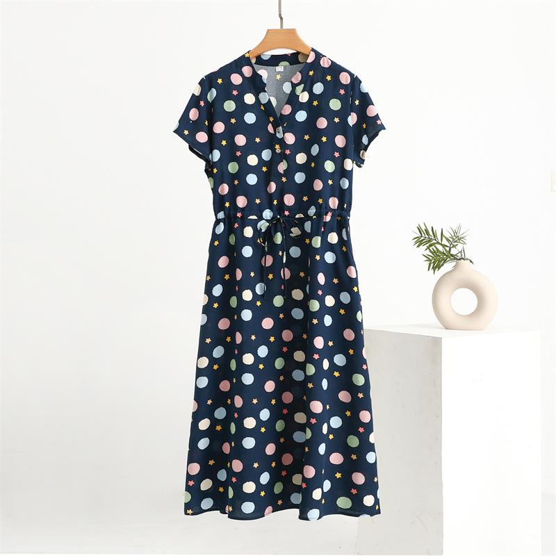 Breathable and Comfortable Summer Short-sleeved Thin Cotton Nightgowns Women's Tie Waist Loose Floral Casual Dresses