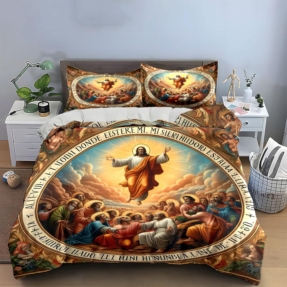 Jesus Himmelfahrt Religiöses Christliches Bettwäscheset Vintage Kirchenwandbild Heilige Engel Druck 1 Bettbezug und 2 Kissenbezüge Geschenk 180*220cm/71x87in Full/Double 3pcs
