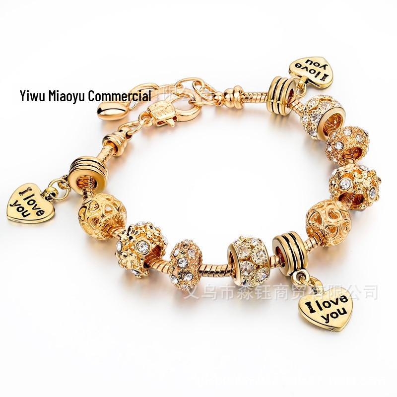 New Panjia Style Gold-Plated Beaded Bracelet with Full Diamond Love Design