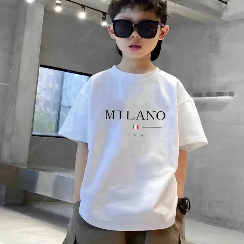 Children's Summer Milan Letter Printed T-shirt for Boys' Short Sleeves Luxury T-shirt for Children's Clothing Loose Cotton Soft Girl's Top