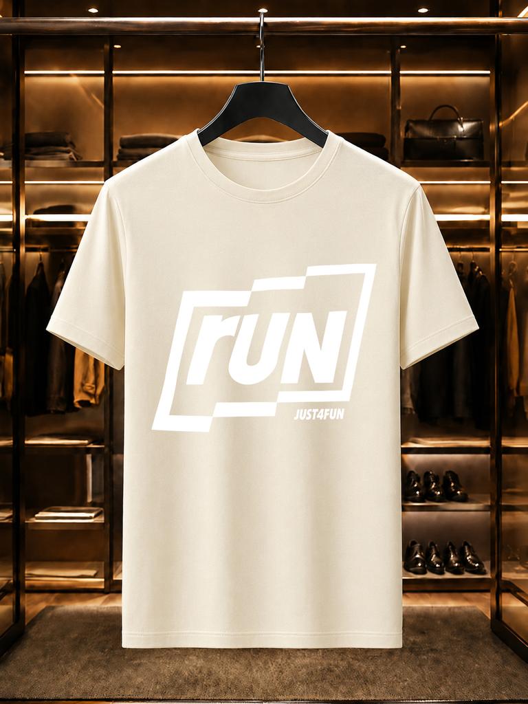 2026 New Arrival 100 Cotton Tshirt Run Irregular Frame Letter With Just4fun Small Text Print Crew Neck Unisex Sports Loose Casual