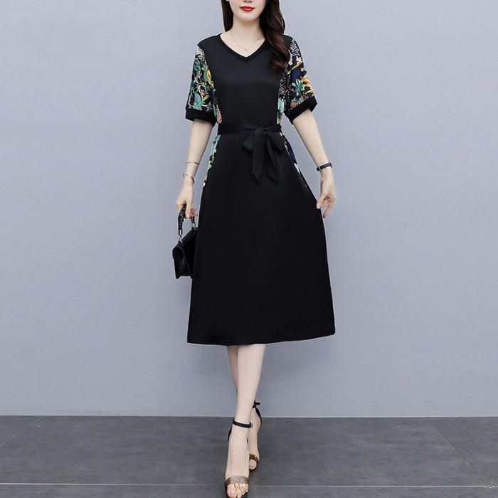 Mom dress summer pullover dress new v-neck short-sleeved temperament printed skirt M
