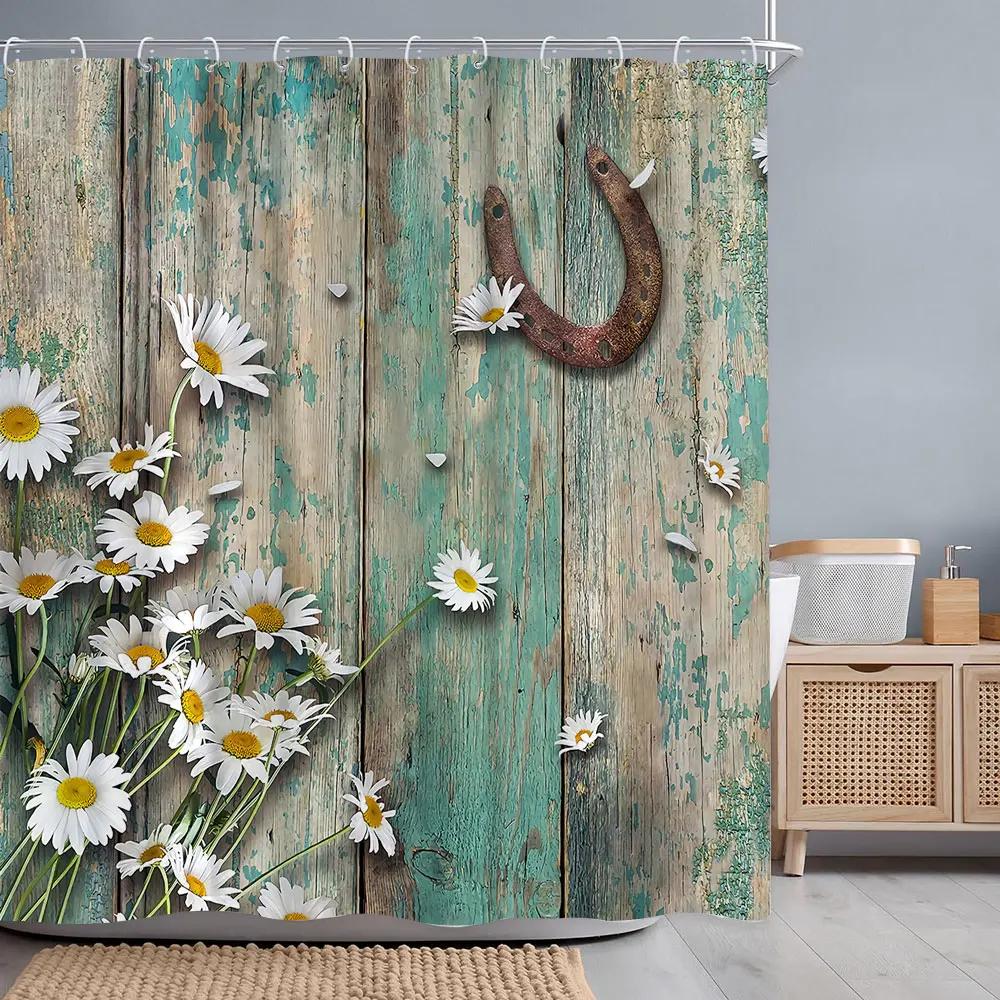 Vintage Wooden Door Shower Curtain Rustic Door Window Wheel Botanical Barn Polyester Shower Curtains Bathroom Decor with Hooks