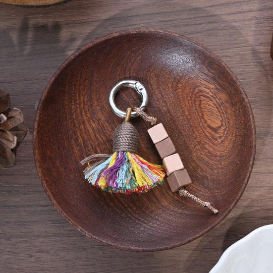 Tibetischer Regenbogen-Quasten-Anhänger Schlüsselanhänger Perlen Ethnischer Stil mit Natürlichem Holz Taschenanhänger Schuhdekoration mit