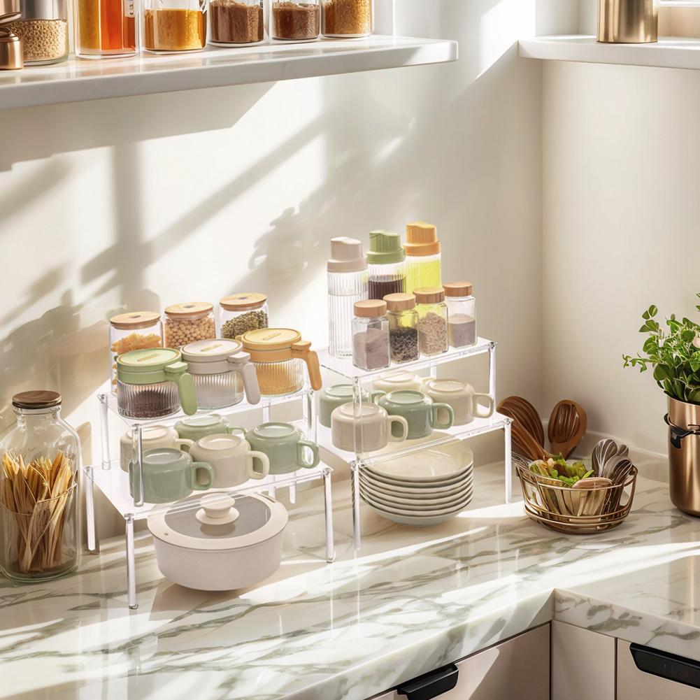 4 Pack Clear Acrylic Shelf Organizer Shelf Risers Kitchen Counter Shelves Organizer for Dishes Spices Soda Cans and Bottles