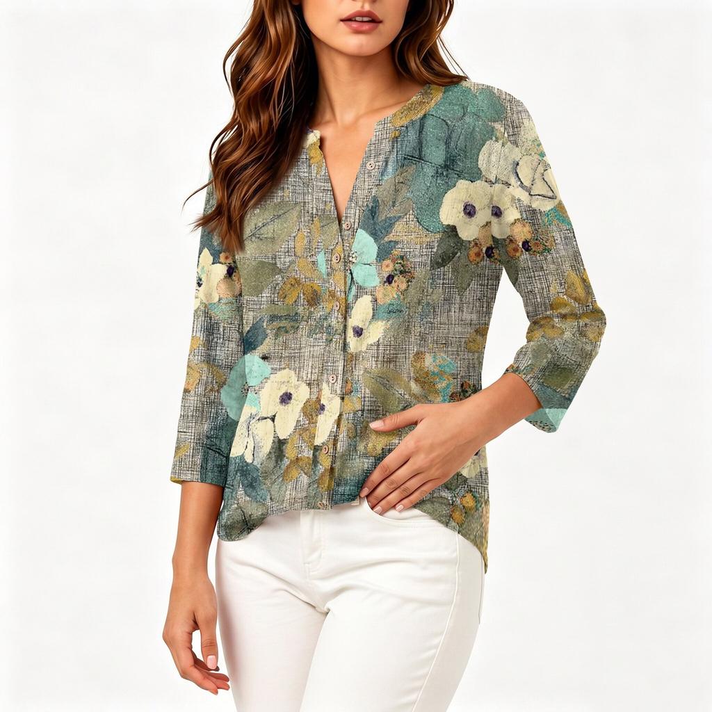 Women Vintage Floral Print Button Down Henley Collar Shirt Three Quarter Sleeve Linen Cotton Blouse Casual Lightweight Top