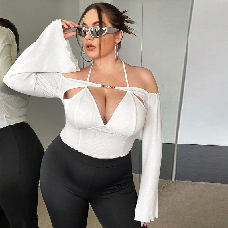 

Plus Size Women s Autumn and Winter New Slim and Sexy Off-shoulder One-line Collar Trumpet Long-sleeved Tops 2XL белый