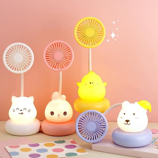 Cartoon Animal Night Light Fan with Flexible Neck USB Rechargeable Bedside Light Desk Fan Low Noise Cooling Fan with Night Lamp