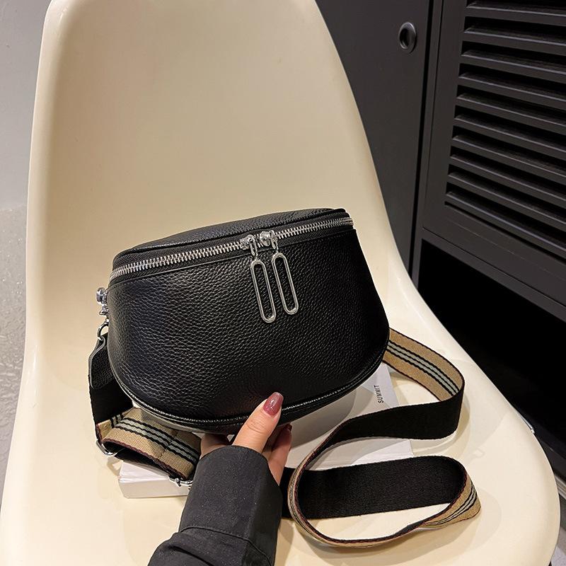 Leather Fashion Saddle Bag Women'S Bag Messenger Bag Double Zipper First Layer Cowhide Bag Shoulder Bag
