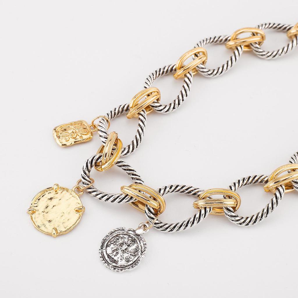 European & American Style Braided Chain Necklace with Coin Alloy Pendant
