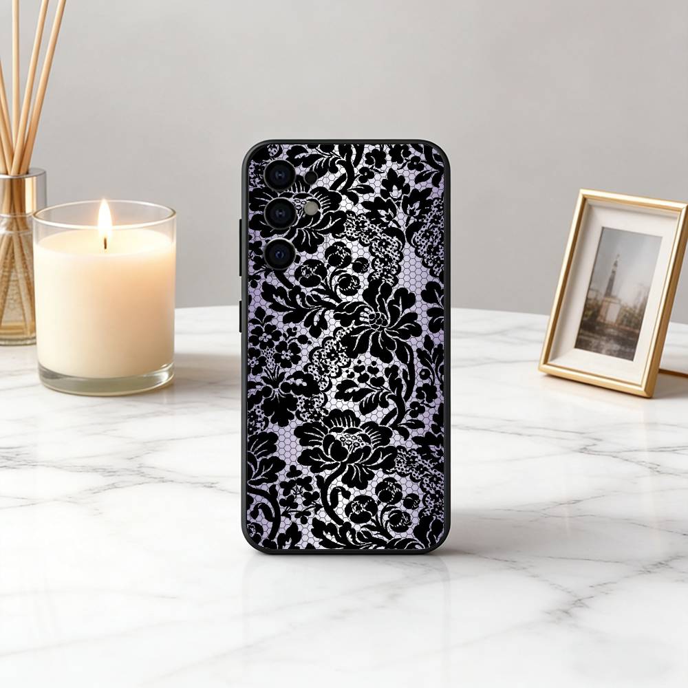 Beautful Black L-lace Print Phone Case For Samsung S25,S24,S21,S22,S23,S30,Ultra,S20,Plus,Fe,Lite,Note,10,Black Cover