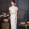 White Modern Chinese Style Long Cheongsam Dress 2026 Womens Vintage Short Sleeve Elegant Wear