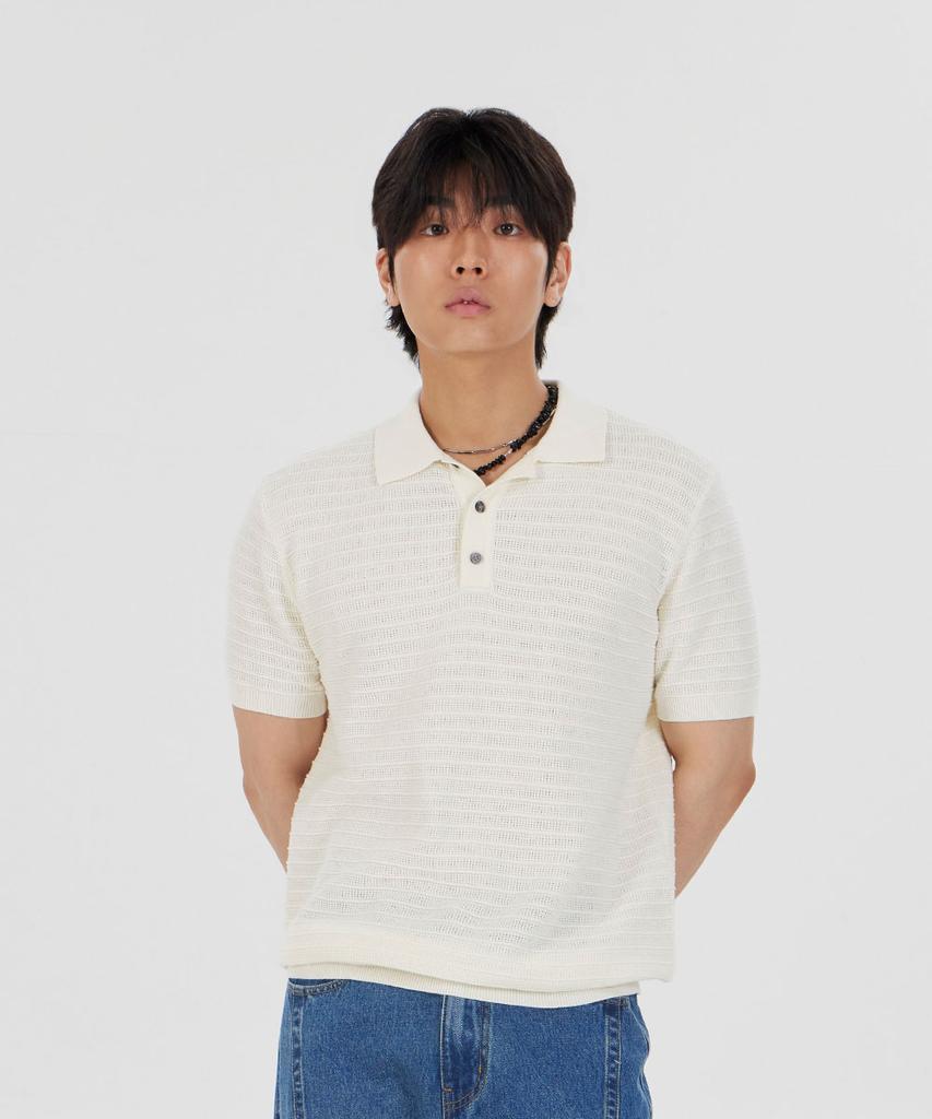 MAKEITTO Striped Texture Collar Knit Short Sleeve T-Shirt_Ivory