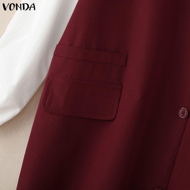 VONDA Women Lapel Neck Long Sleeve Ruffled Office Style Elegant Mini Dress