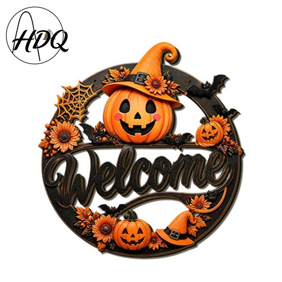 Rustic Porch Hanging Sign Halloween Pumpkin Ghost Wooden Welcome Door Hanger Sign Cute Wall Ornament with Bell 3D Floral Art Rope Decor for
