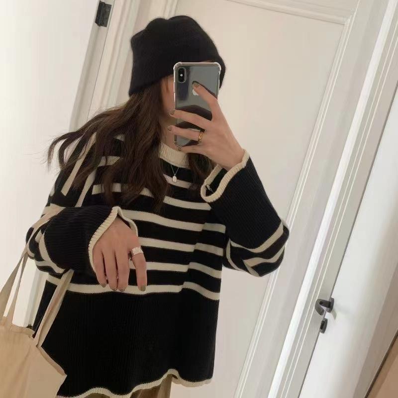 Striped turtleneck sweater wide-leg pants two-piece suit for women's autumn and winter new thin loose casual long-sleeved knitted sweater for women
