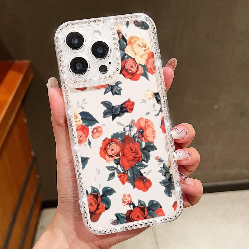 Diamond Frame Clear Anti-Fall Phone Case For iPhone 16E 16 Pro 15 Pro Max 14 13 12 11 Floral Print Soft Silicone Shockproof Bumper Cover
