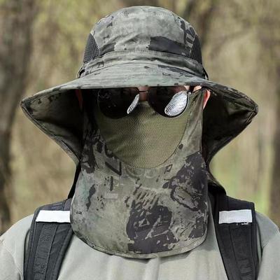 Men Fisherman Hat with Detachable Front Cover Large Brim Hollow Mesh Camouflage Print Anti UV Sunlight Great Breathab