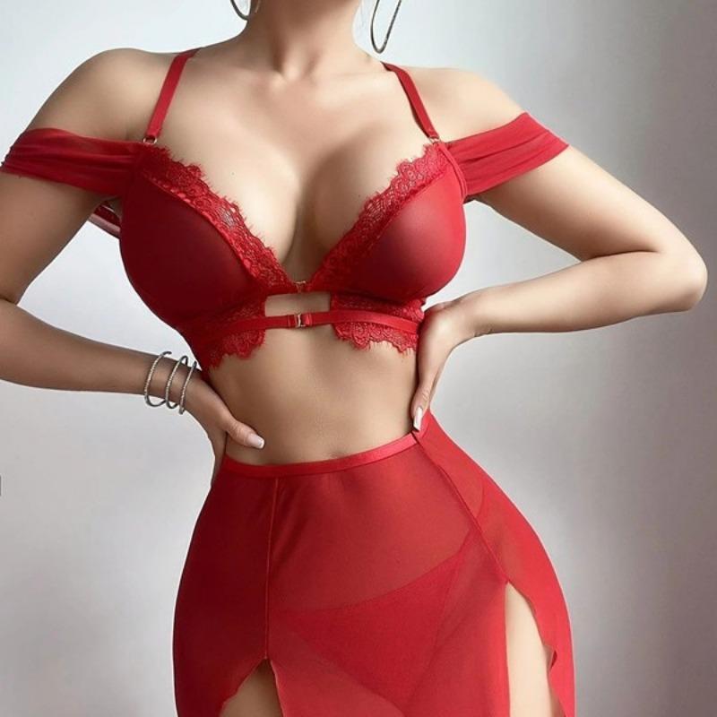 Womens Sexy Sheer Mesh Strap Long Nightdress Intimate Lingerie Set