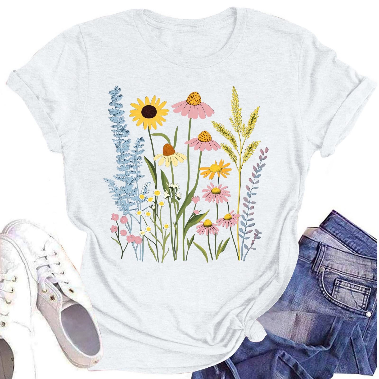 

Жіноча повсякденна футболка з круглим вирізом, з квітковим принтом, з коротким рукавом XL білий