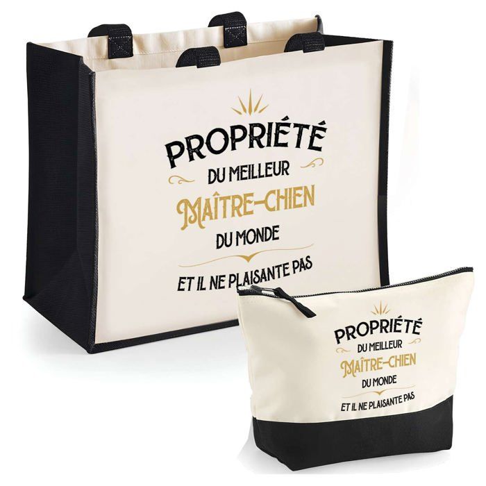 Duo cabas jute et trousse Propriété du Meilleur Maître-chien Cadeau Anniversaire Noël | Sac de courses Pochette Maquillage Shopping