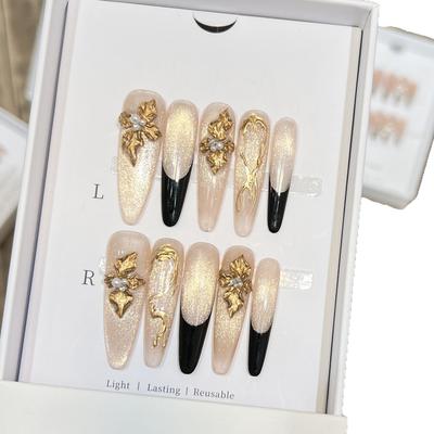 Hand-woven Armor with High-end Embossed Gold Cat-eye French Manicure Removable Nails