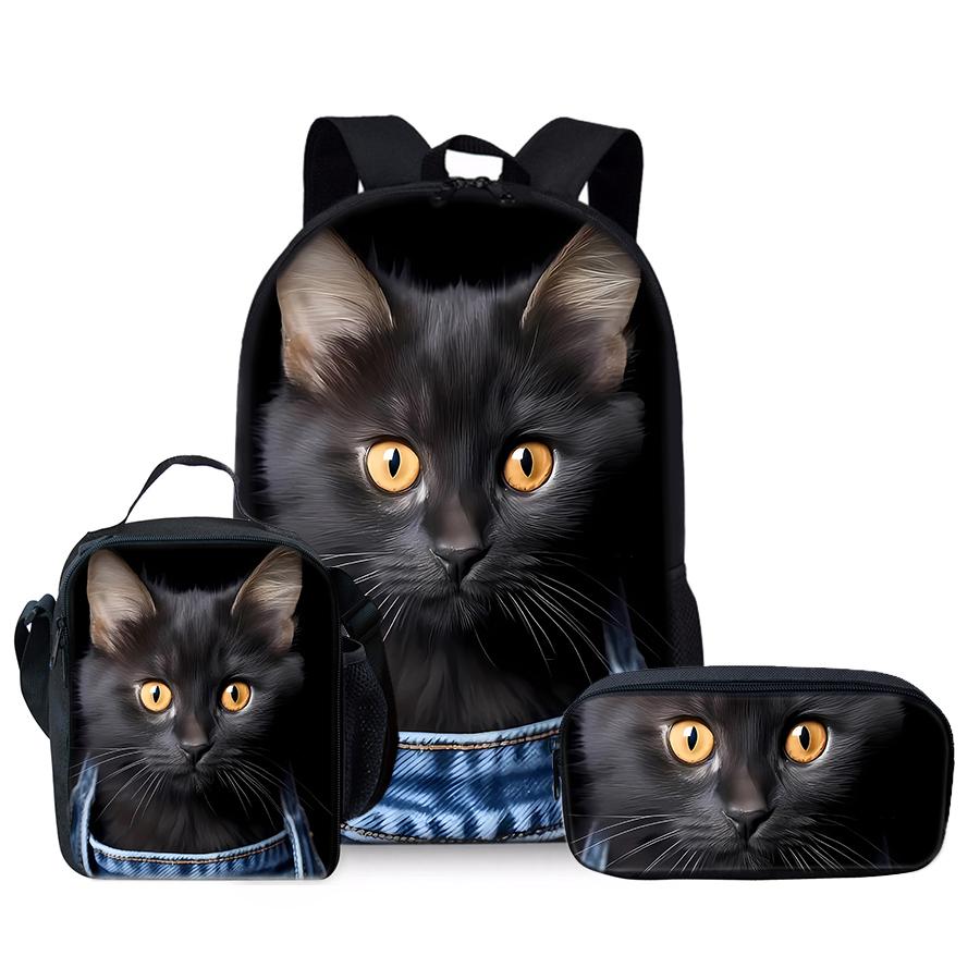 Ensemble Trois Pièces Animal Chat Sac à Dos+Sac à Déjeuner+Trousse à Crayons Pour Garçon/Filles Enfants Meilleurs Cadeaux Dessin Animé 2D Adolescents Sac d'École pour Ordinateur Portable