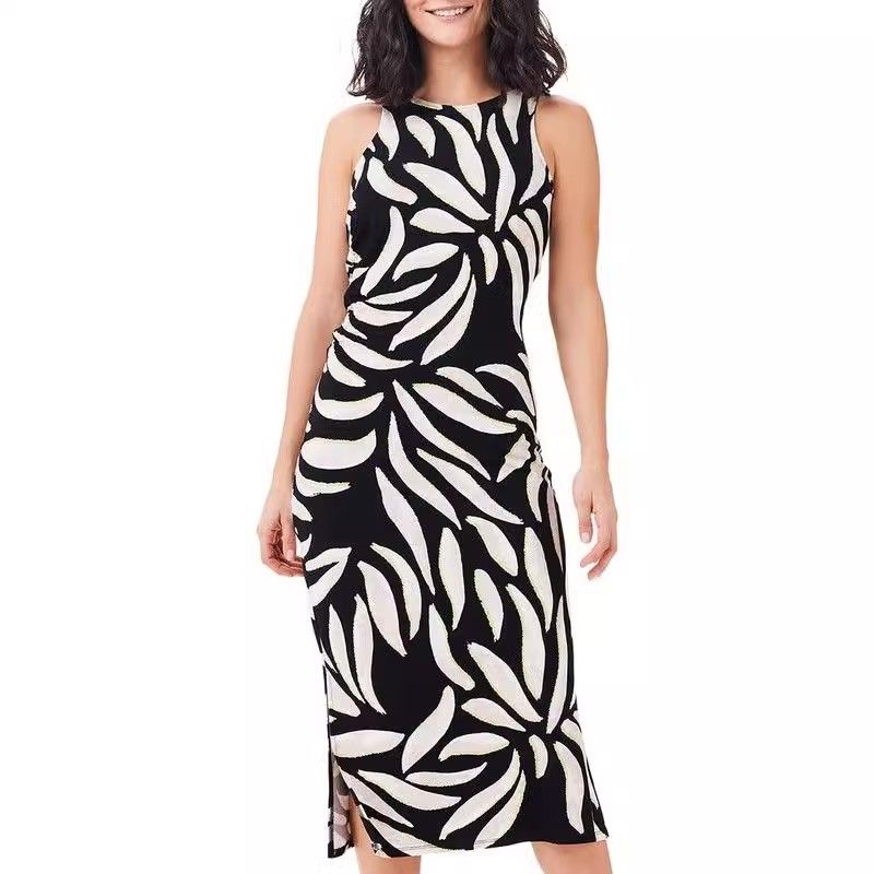 

2025 Spring and Summer New Wood Tencel Leaves Print Dress Mid-Length Sleeveless Cheongsam Slimming Elegant Black and White yellow leaves Print XS