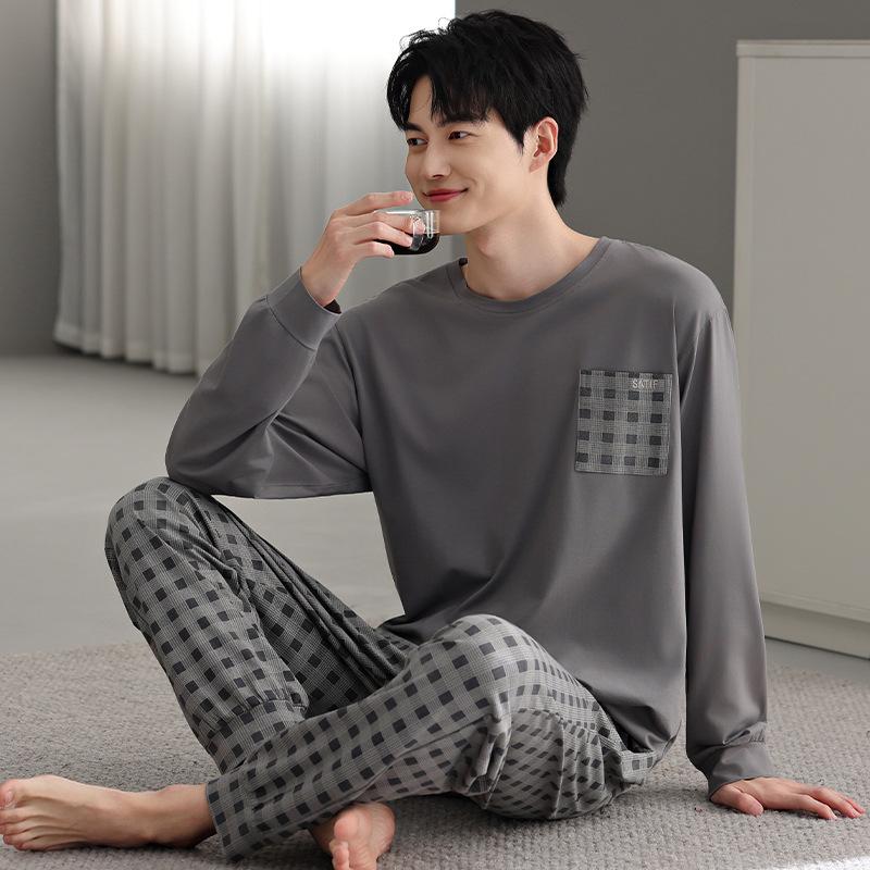 Pajamas Men's Spring and Autumn Cotton Long Sleeve Teen Men's Autumn Thin Casual Can Wear Autumn and Winter Loungewear