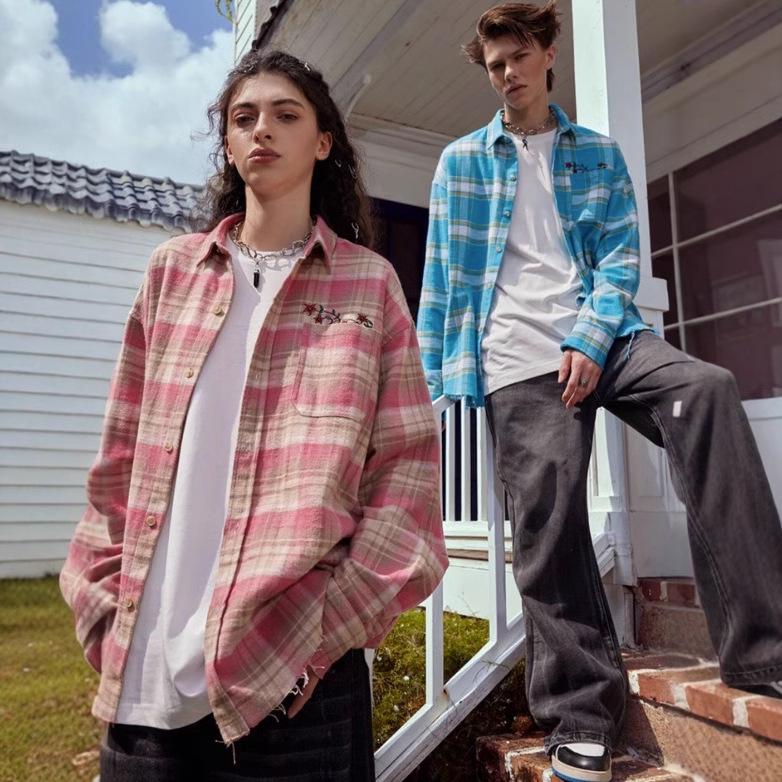 

Men s Preppy Pink Plaid Embroidered Japanese Style Long-Sleeve Shirt Small