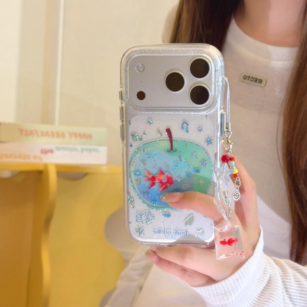 Transparent gilt green apple goldfish pendant ins Korean applicable Apple 17ProMax mobile phone case iphone15 new 16pro women's cute 17pro