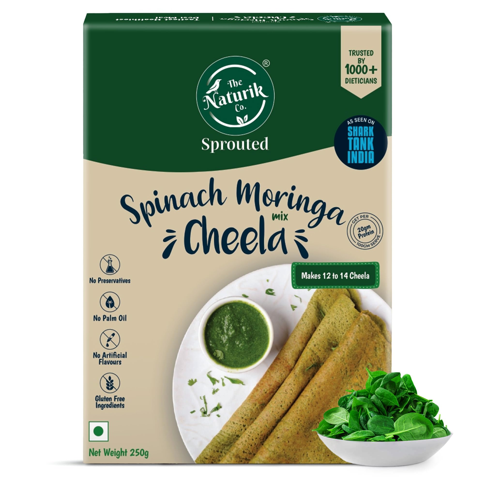 The Naturik Co Spinach Moringa Cheela Mix 250g - Ready to Cook Chilla/Dosa Mix| Healthy & Instant Breakfast | Anytime Snack for Kids and Fa