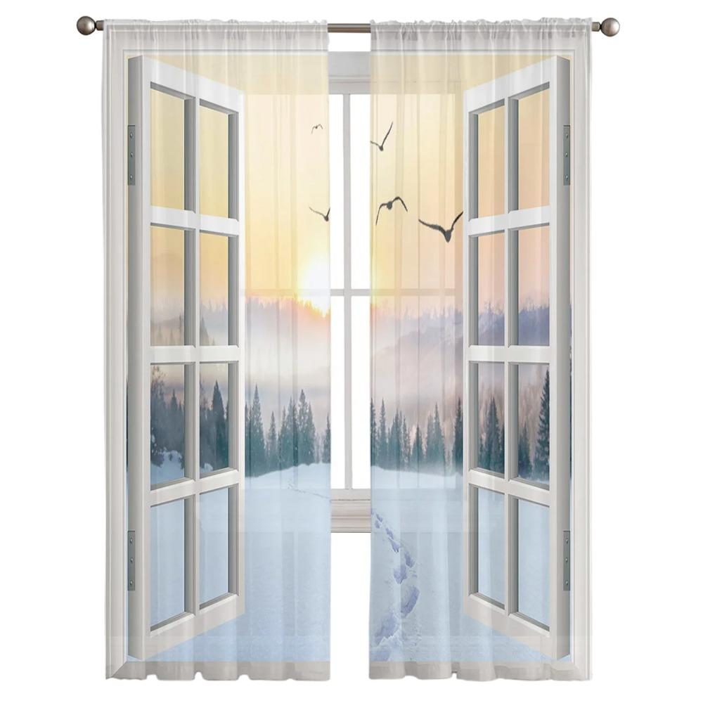 For Living Room Bedroom Space Decoration Chiffon Translucent Voile Kitchen Area Window Opening Drape Drapes - Sunrise Snow Footprints Tulle Curtains