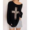 Dark Slim Asymmetrical Shoulder T-Shirt Vintage American Cross Rhinestone Top Streetwear Women