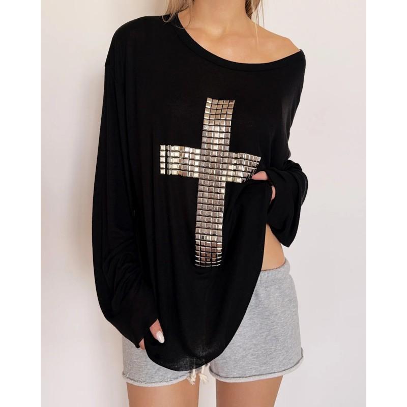 Dark Slim Asymmetrical Shoulder T-Shirt Vintage American Cross Rhinestone Top Streetwear Women