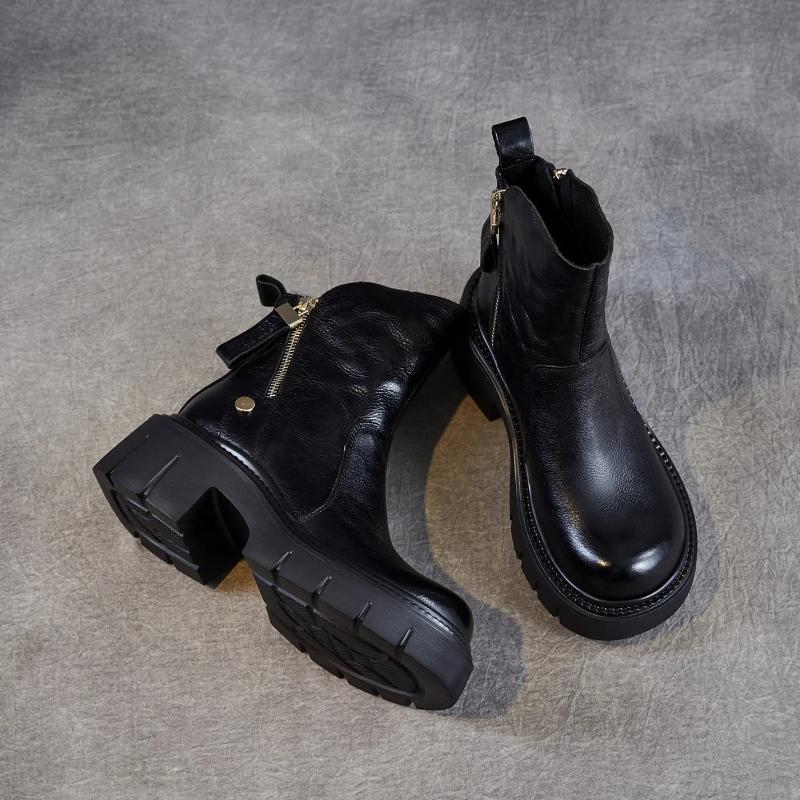 Johnature Retro Thick Soled Side Zipper Women's Short Boots Genuine Leather Knight Boots