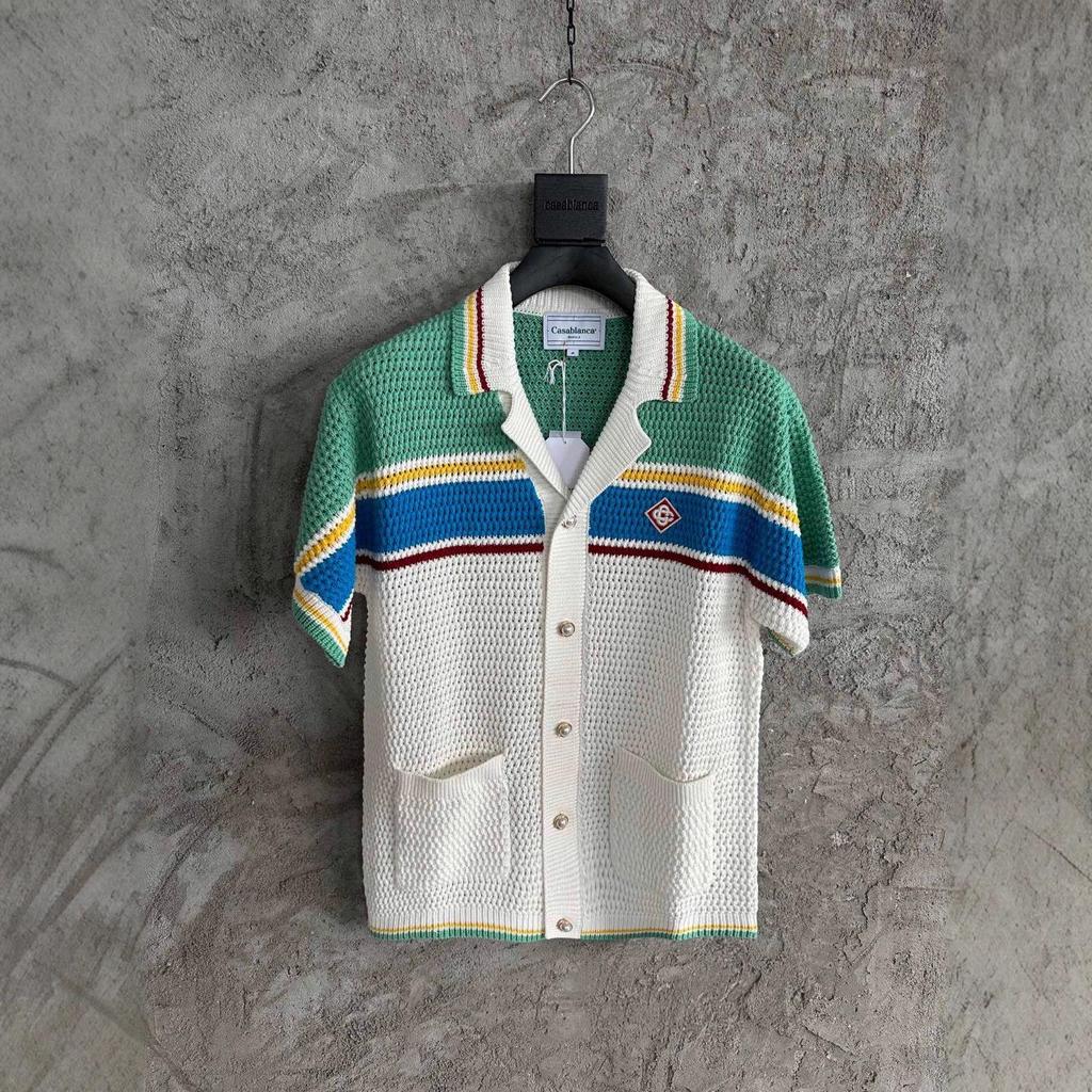 Auf Lager CASABLANCA Handgestrickter gestreifter Pullover-Cardigan aus reiner Baumwolle