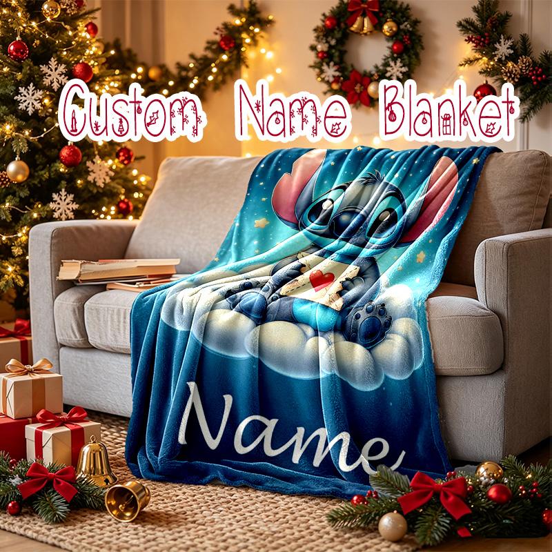 [Stitch Heartfelt Letter Blanket] Custom Name Throw Blanket for Bed Sofa, Holiday Gift Blanket for Family and Friend