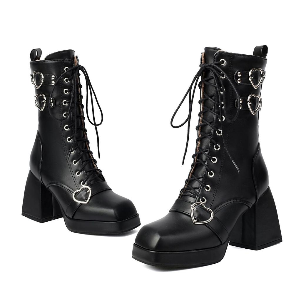 Autumn and Winter High-heeled Platform and Ankle Boots Square Head Front Lace-up Low-tube Martin Boots for Women