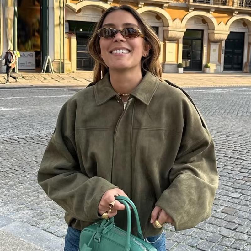 Women's Bomber Jacket Lapel Long Sleeve Zipper Suede Jacket Women 2025 High Street Cropped Racing Jackets Coats Outerwears