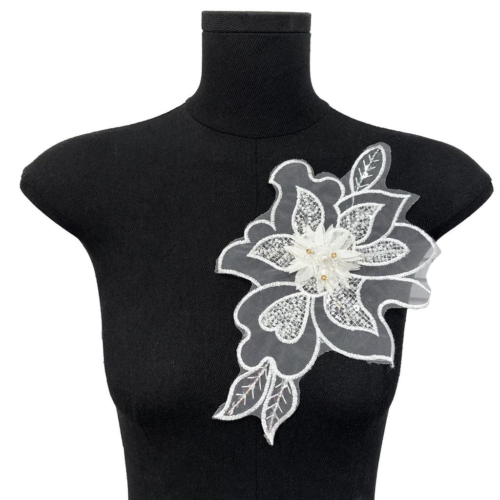 Solid Color Mesh Embroidery Sequined Flower Cloth Sticker Heavy Industry Applique Clothing Decorative Lace Accessories
